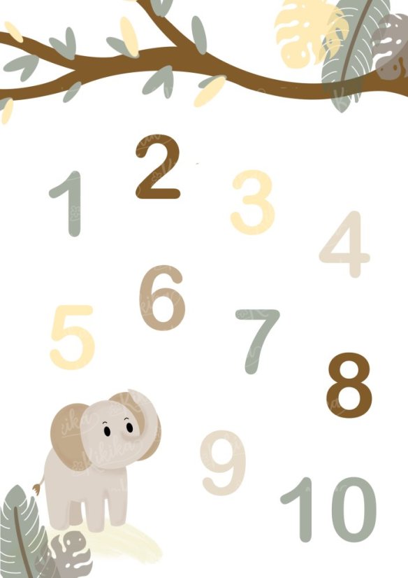 Plakát safari s čísly od 1 do 10 v zelených pastelových tónech. | KIKIKA