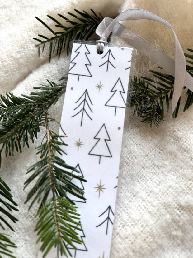 Záložka s motivem stromečků se stříbrnou stuhou – Kikika