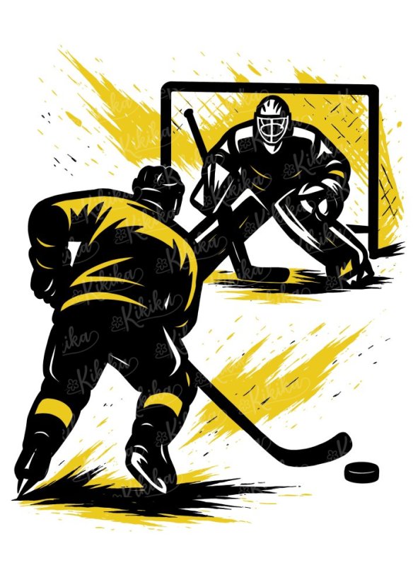 Ilustrace hokejového souboje útočníka a brankáře – dětský plakát | Kikika