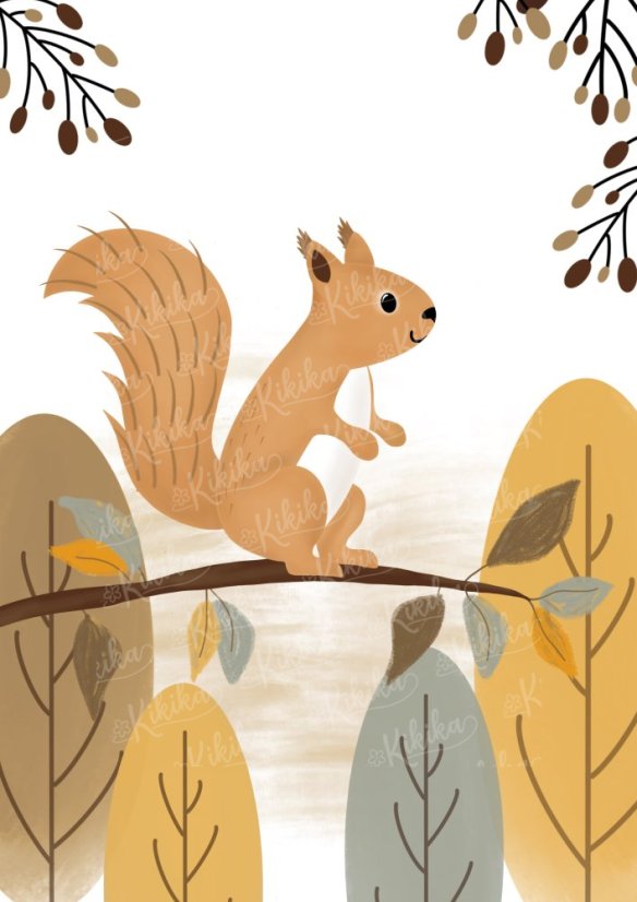 Plakát s ilustrací veverky v přírodních tónech. | KIKIKA