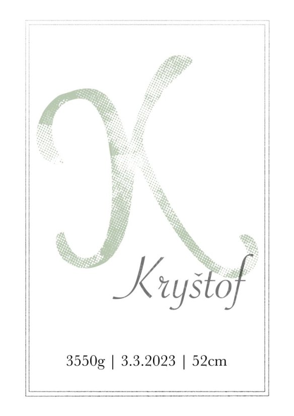 Personalizovaný plakát s iniciálou jména doplněnou flekatým motivem a údaji o narození dítěte - zelená varianta | KIKIKA