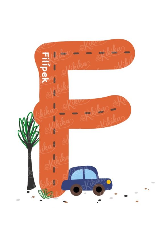 Personalizovaný plakát se jménem dítěte a ilustrací auta v oranžových tónech. | KIKIKA