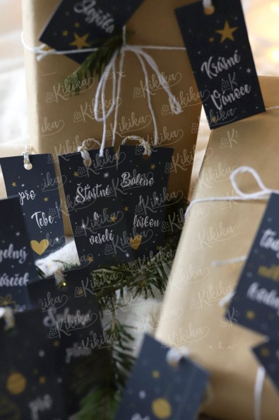 Černo-zlaté vánoční cedulky s hvězdami a srdíčy – | Kikika