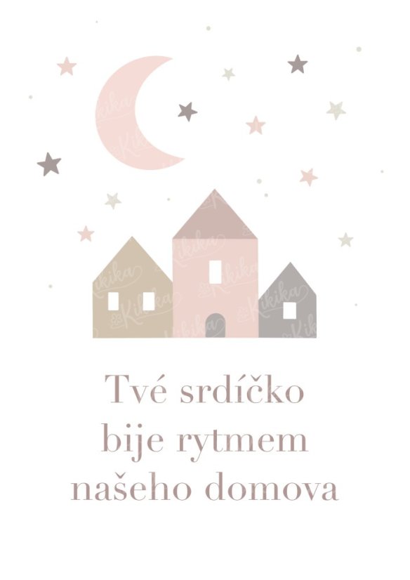 Dětský plakát s domečky a měsícem - Tvé srdíčko bije rytmem našeho domova (růžová varianta) | KIKIKA