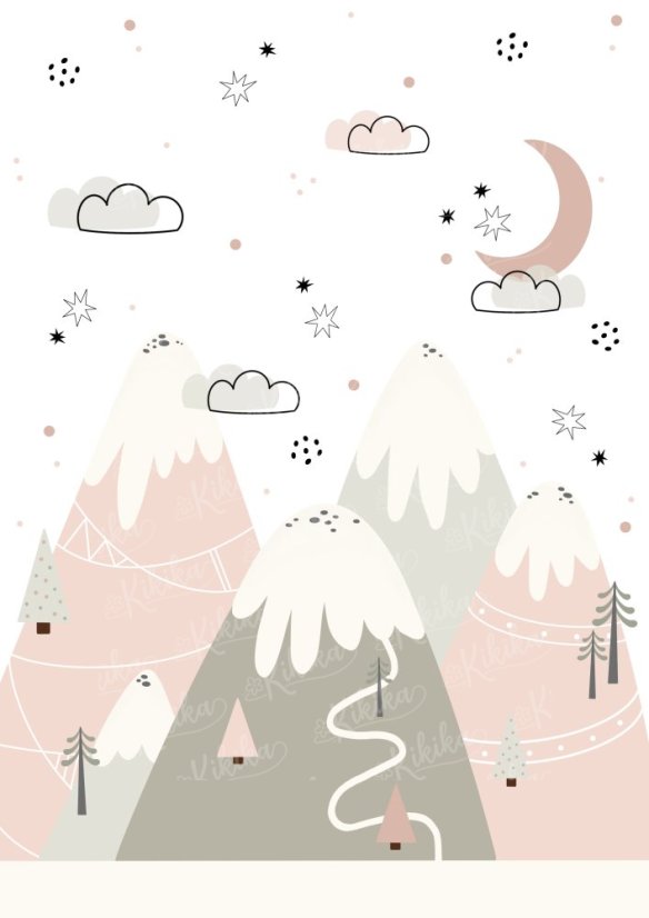 Plakát s ilustrací horské krajiny v růžových tónech. | KIKIKA