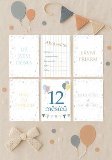 Sada 31 milníkových kartiček s barevnými balónky v pastelových tónech modré, rozložená na světlém podkladu | KIKIKA