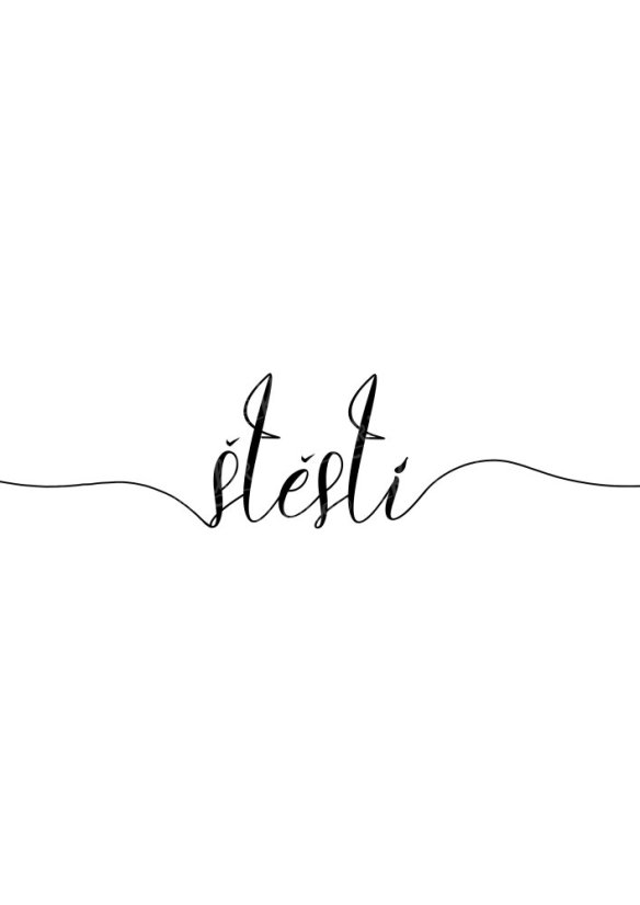Elegantní plakát s ručně psaným nápisem „Štěstí“ na bílém pozadí | KIKIKA