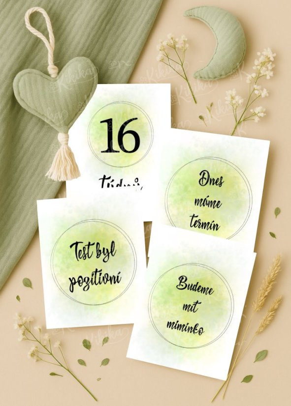 Sada 28 těhotenských milníkových kartiček s jemným akvarelovým pozadím v zelených tónech | KIKIKA