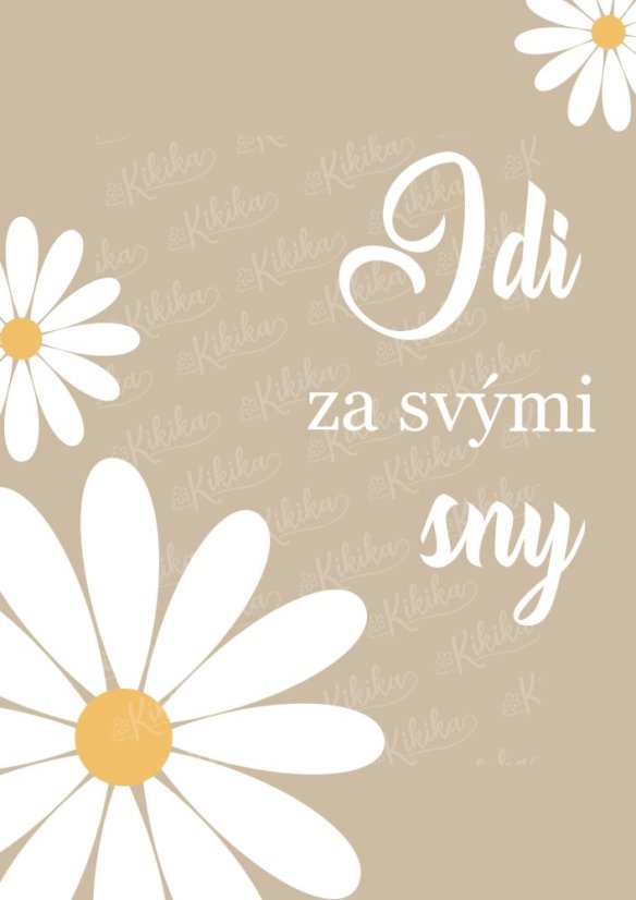 Plakát s nápisem „Jdi za svými sny“ a ilustrací kopretin v béžovo-bílých tónech. | KIKIKA