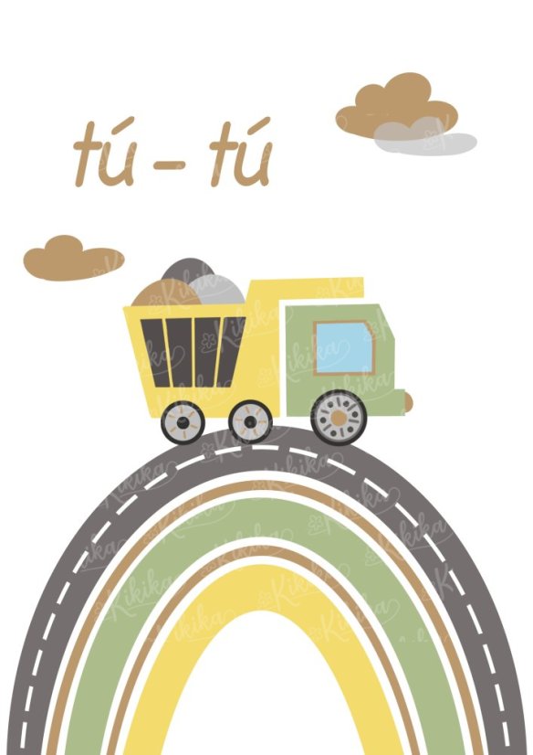 Plakát s ilustrací náklaďáku s duhou v zelených tónech. | KIKIKA