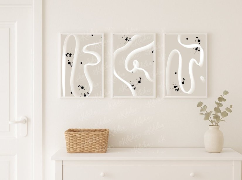 Interiér s kolekcí plakátů Tahy štětce – moderní dekorace do obývacího pokoje | KIKIKA