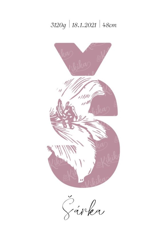 Personalizovaný plakát s iniciálou jména zdobenou starorůžovým květinovým motivem, doplněný údaji o narození dítěte | KIKIKA