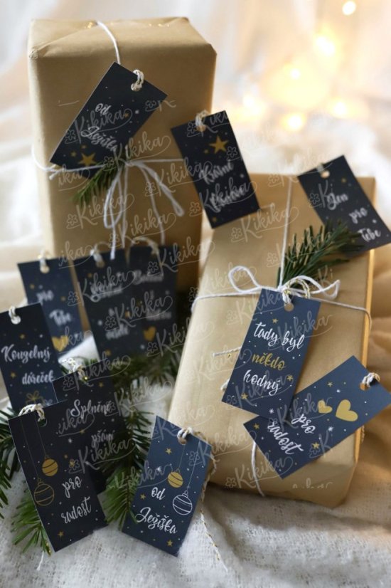 Sada vánočních štítků na dárky černo-zlatá | Kikika