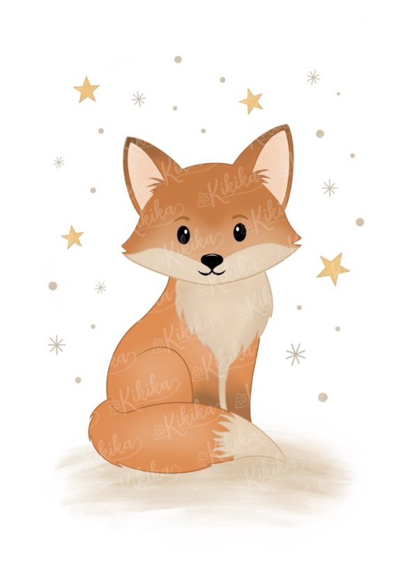 Dětský plakát liška – zimní motiv s hvězdičkami v jemných tónech | Kikika