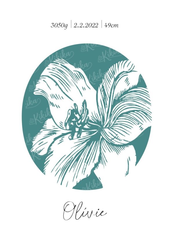 Personalizovaný plakát s iniciálou jména zdobenou smaragdovým květinovým motivem, doplněný údaji o narození dítěte | KIKIKA