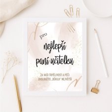 Plakát s nápisem „Pro nejlepší učitelku“ ve starorůžové barvě v aranžmá na světlém stole – elegantní dárek pro paní učitelku | KIKIKA