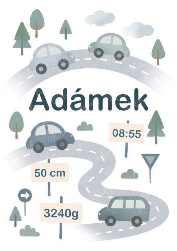 Personalizovaný plakát s údaji o narození – Autíčka - Formát:: A3, Barva:: Modrá