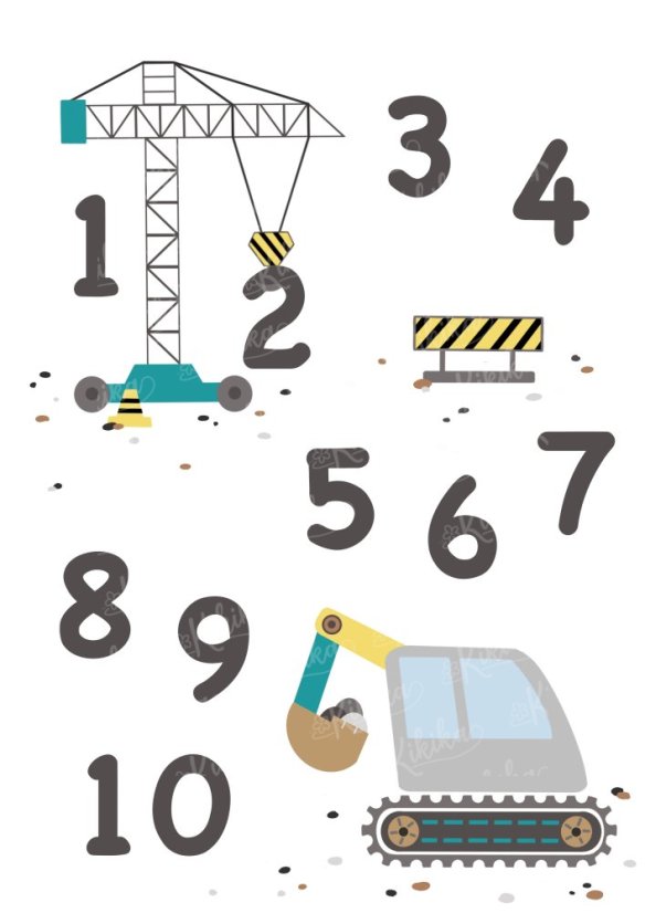 Plakát s bagrem, jeřábem a čísly od 1 do 10 v tyrkysových tónech. | KIKIKA