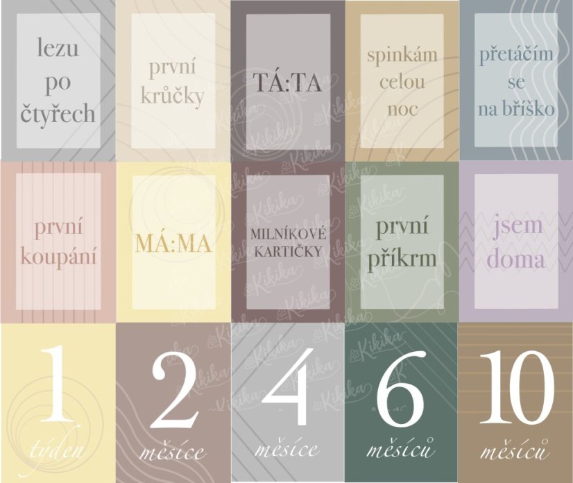 Detailní pohled na milníkové kartičky s čistým designem a texty označujícími měsíce a významné okamžiky miminka, v minimalistickém designu | KIKIKA