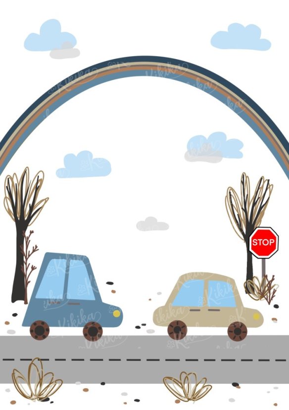 Plakát s ilustrací aut s duhou v modrošedých tónech. | KIKIKA