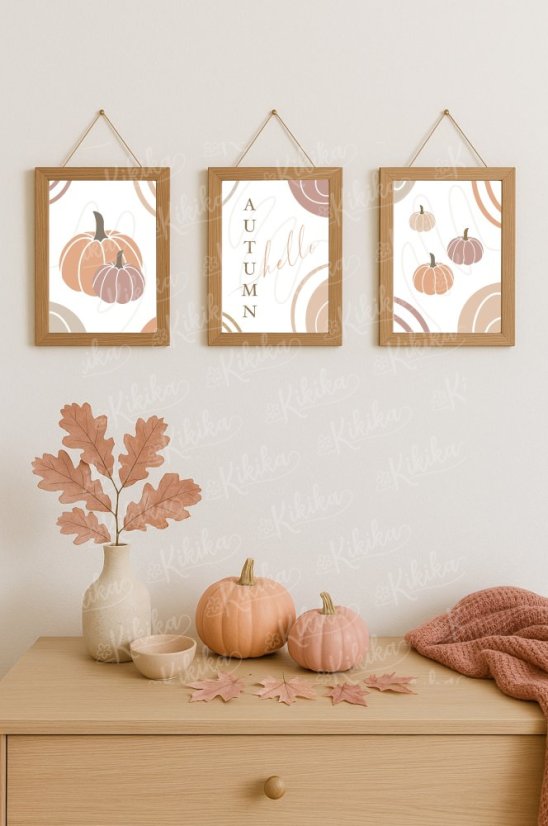 Elegantní podzimní kolekce plakátů – dýně a nápis Hello Autumn v rámu, dekorace s dýněmi a listy v přírodních tónech | KIKIKA