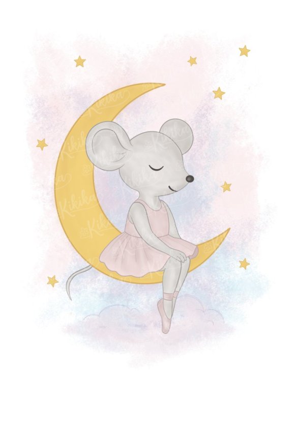 Myška na měsíci – dětský plakát s baletkou sedící na žlutém půlměsíci | KIKIKA