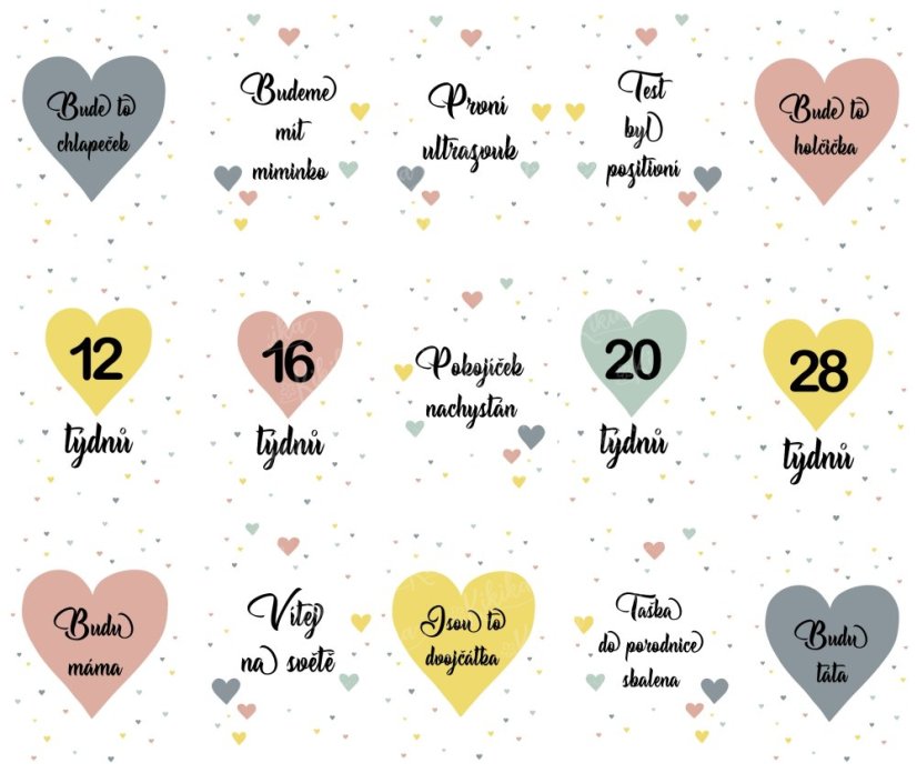 Detailní pohled na těhotenské milníkové kartičky s motivy srdíček a texty označujícími týdny těhotenství a klíčové milníky | KIKIKA