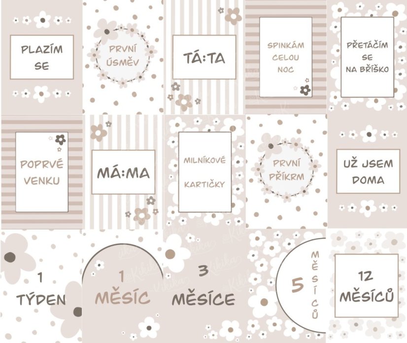 Detailní pohled na milníkové kartičky s květinovými ilustracemi a texty označujícími měsíce a významné okamžiky miminka, v přírodních barvách | KIKIKA