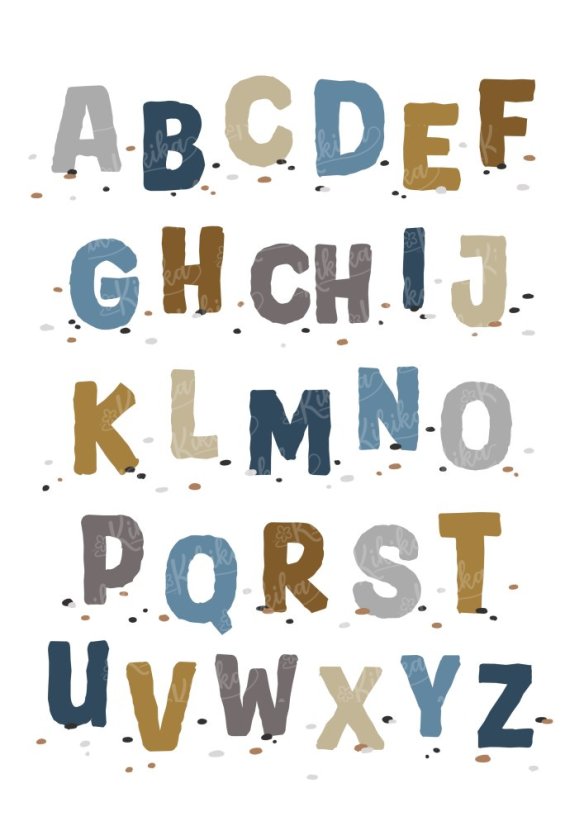 Plakát s abecedou v modrošedých tónech. | KIKIKA