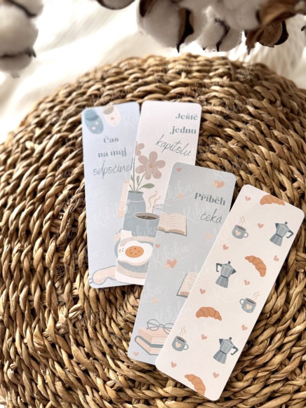 Záložky s motivem ranní pohody - káva, croissant, kniha