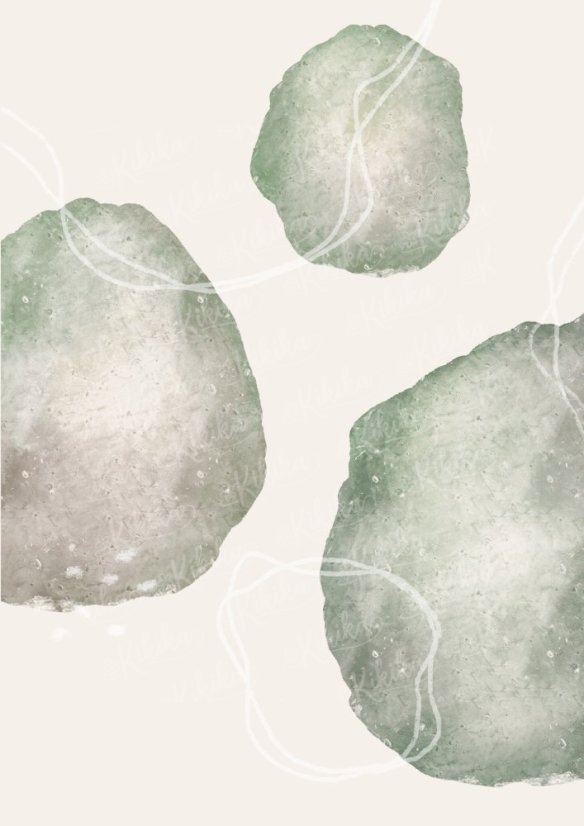 Minimalistický akvarelový plakát se třemi zelenými skvrnami – přírodní motiv do obývacího pokoje od KIKIKA