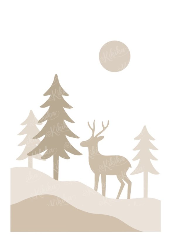 Dětský plakát se siluetou jelena mezi stromy – kolekce Siluety v lese|  KIKIKA