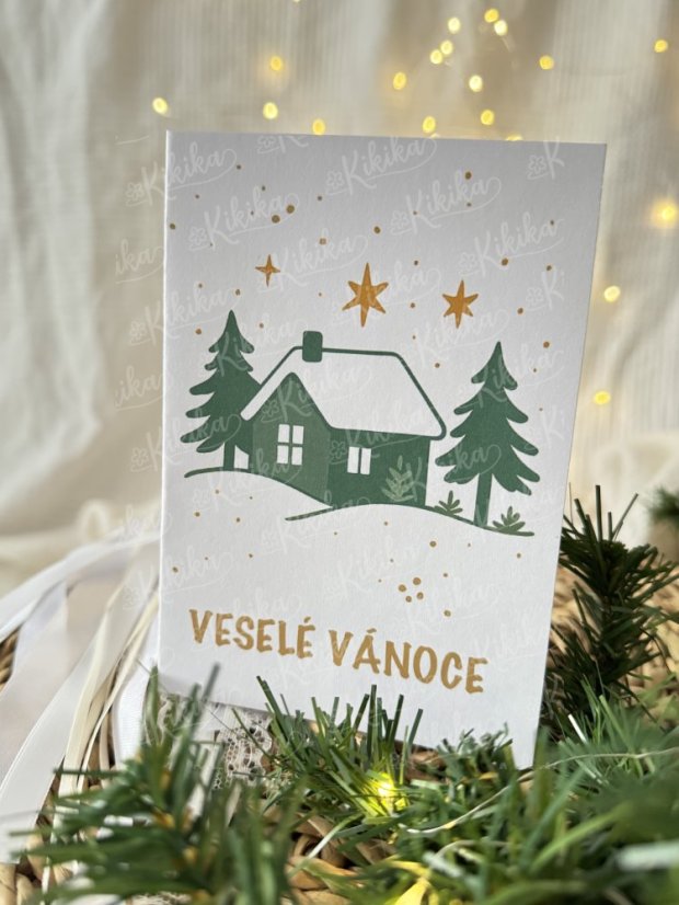 Vánoční přání - Zlatozelená - Motiv přáníčka: Chaloupka