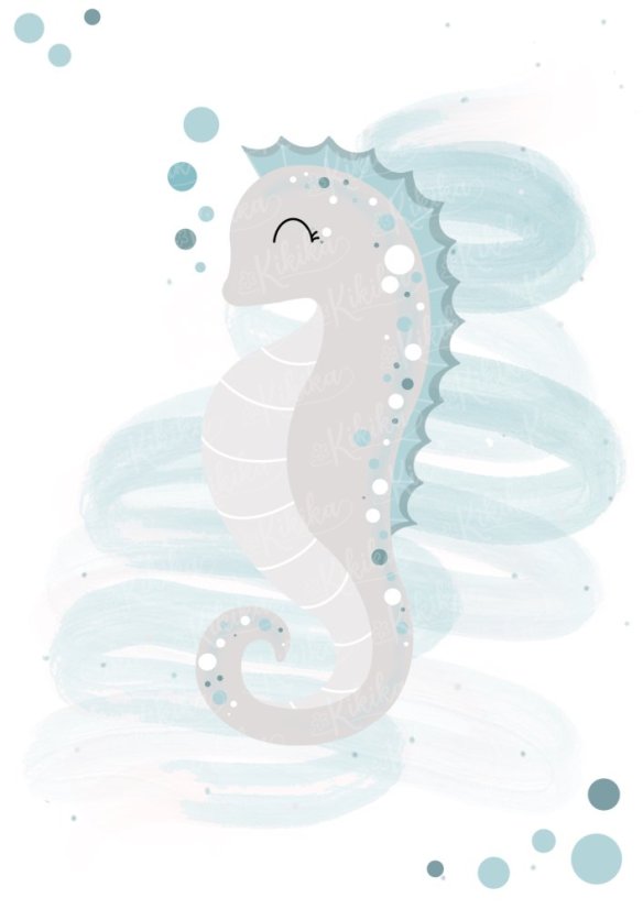 Plakát s ilustrací mořského koníka v modrých tónech. | KIKIKA
