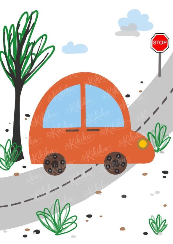 Plakát s ilustrací auta na cestě v oranžových tónech. | KIKIKA
