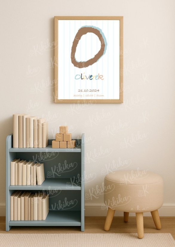 Plakát s údaji o narození chlapečka v dřevěném rámu jako dekorace v dětském pokojíčku | KIKIKA