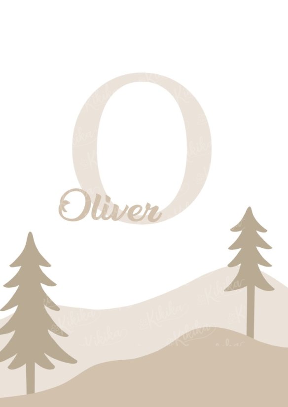Personalizovaný plakát s iniciálou a jménem dítěte v přírodní krajině – kolekce Siluety v lese | KIKIKA