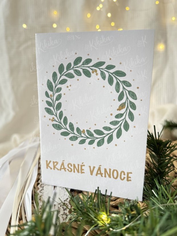 Vánoční přání - Zlatozelená - Motiv přáníčka: Chaloupka