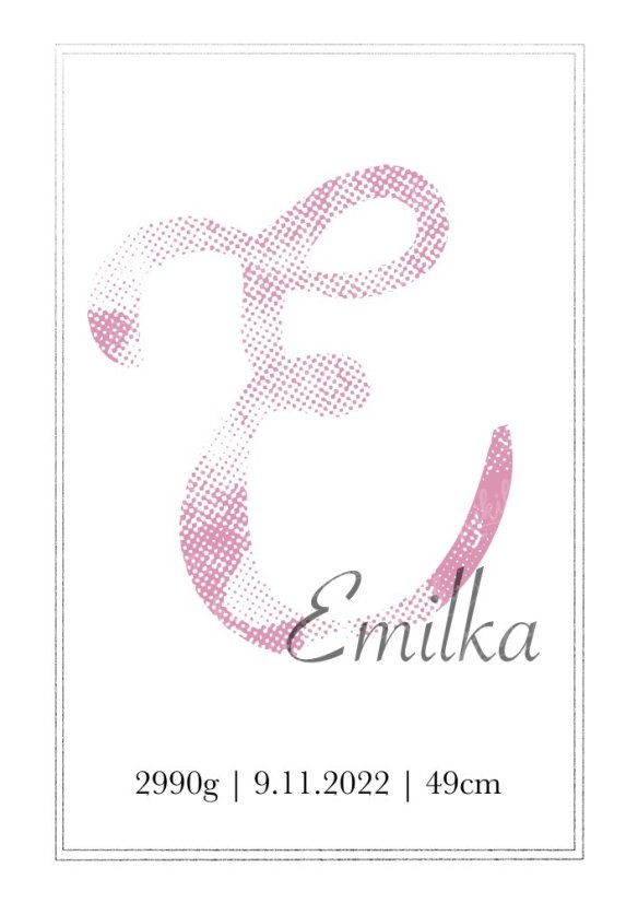Personalizovaný plakát s iniciálou jména doplněnou flekatým motivem a údaji o narození dítěte - růžová varianta | KIKIKA