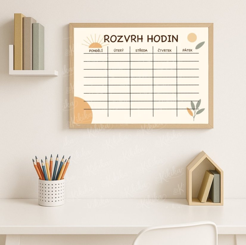 Stylový rozvrh hodin s motivem slunce - praktická a hravá dekorace do dětského pokoje od KIKIKA