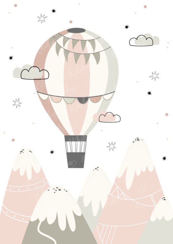 Plakát s ilustrací horkovzdušného balónu v růžových tónech. | KIKIKA