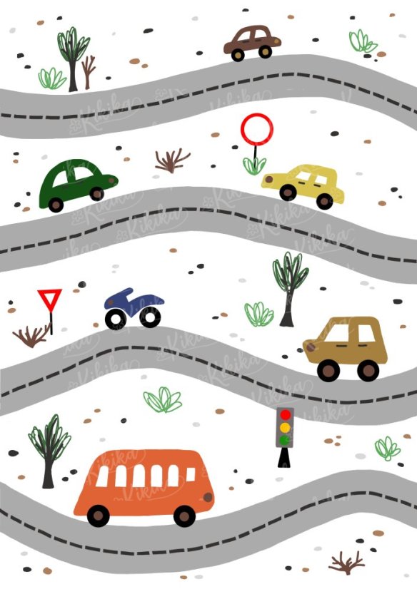 Plakát s ilustrací aut na cestách v oranžových tónech. | KIKIKA