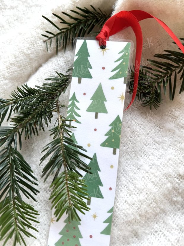 Vánoční záložka se stuhou - ZALAMINOVANÁ, OBOUSTRANNÁ 20,5x5,5cm - Motiv záložky: Vánoční stromek