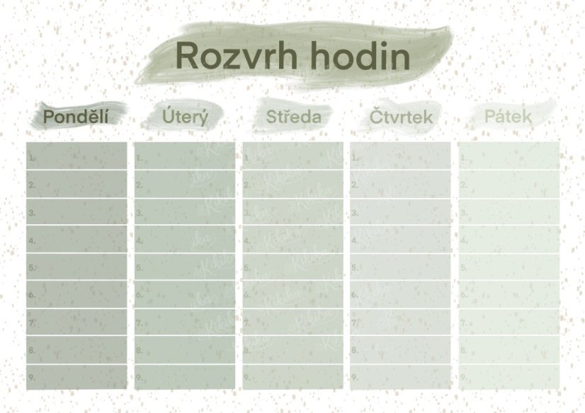 Detail rozvrhu hodin v zelených pastelových odstínech – přehledný plánovač pro školáky | KIKIKA