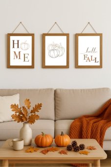 Elegantní podzimní kolekce plakátů – dýně a nápis Hello Autumn v rámu, dekorace s dýněmi a listy v přírodních tónech | KIKIKA