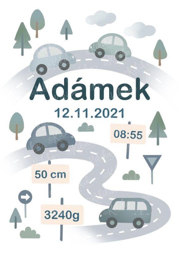 Personalizovaný chlapecký plakát s autíčky – jméno, čas, váha a délka při narození | KIKIKA