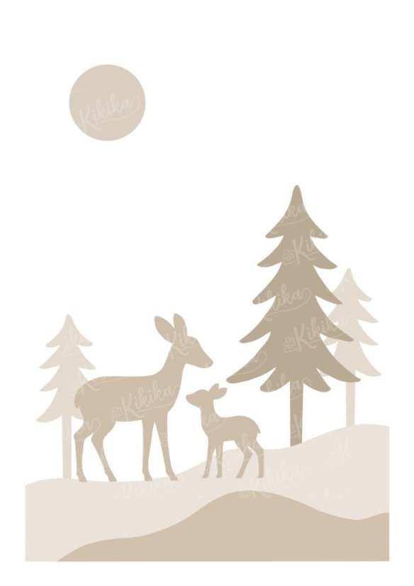 Dětský plakát se siluetou srnky a mláděte v lese – kolekce Siluety v lese | KIKIKA