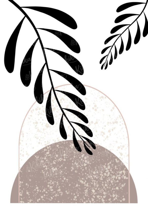 Abstraktní plakát s černým listem a růžovým obloukem v pozadí, přírodní minimalistický styl | KIKIKA