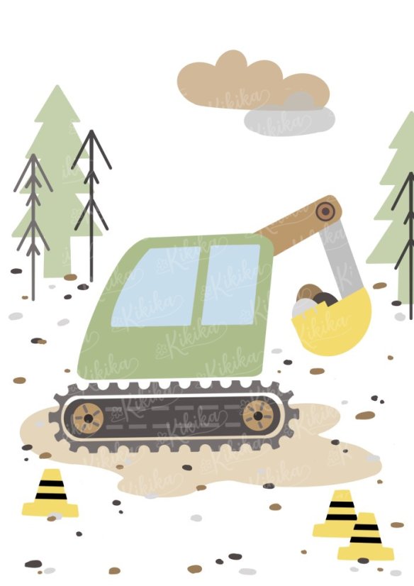 Plakát s ilustrací bagru v zelených tónech. | KIKIKA