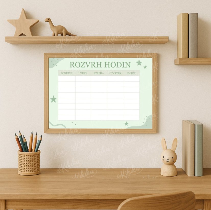 Dětský rozvrh hodin s hvězdičkami zavěšený nad psacím stolem – dekorace i školní pomůcka | KIKIKA